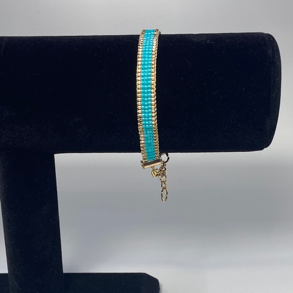 Teal and Gold  loom-beaded bracelet Miyuki Delica seed beads - Picture 2 of 9